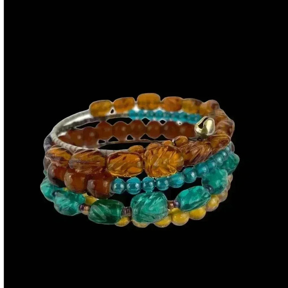 VTG Multi Lucite Carved Beaded Bangle Wired Wrap Bracelet Brown Blue Bell Chime - Picture 5 of 10